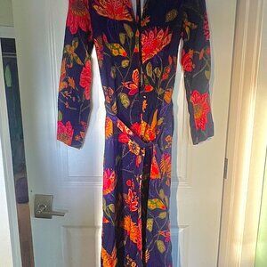 Anthropologie Farm Rio Size L Jumpsuit Tie-Waist Blue Floral Bird Motif